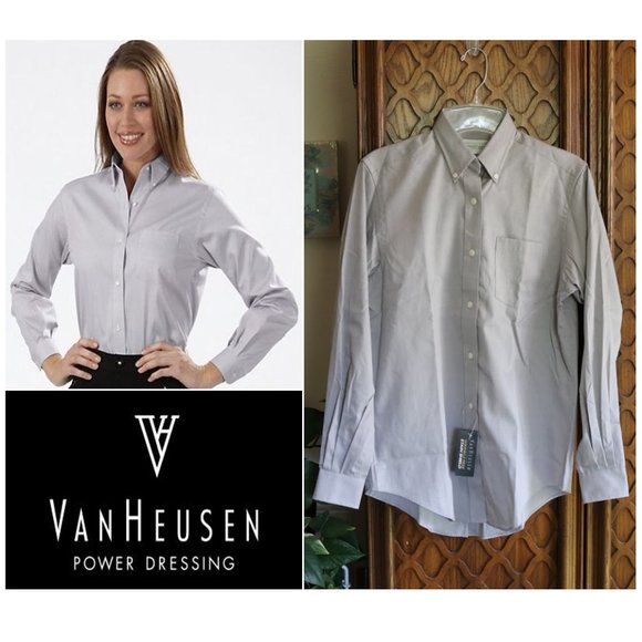 3/$15 VAN HEUSEN Blended Pinpoint Oxford Collar Shirt NWT! - Gray, Size S - Picture 16 of 16